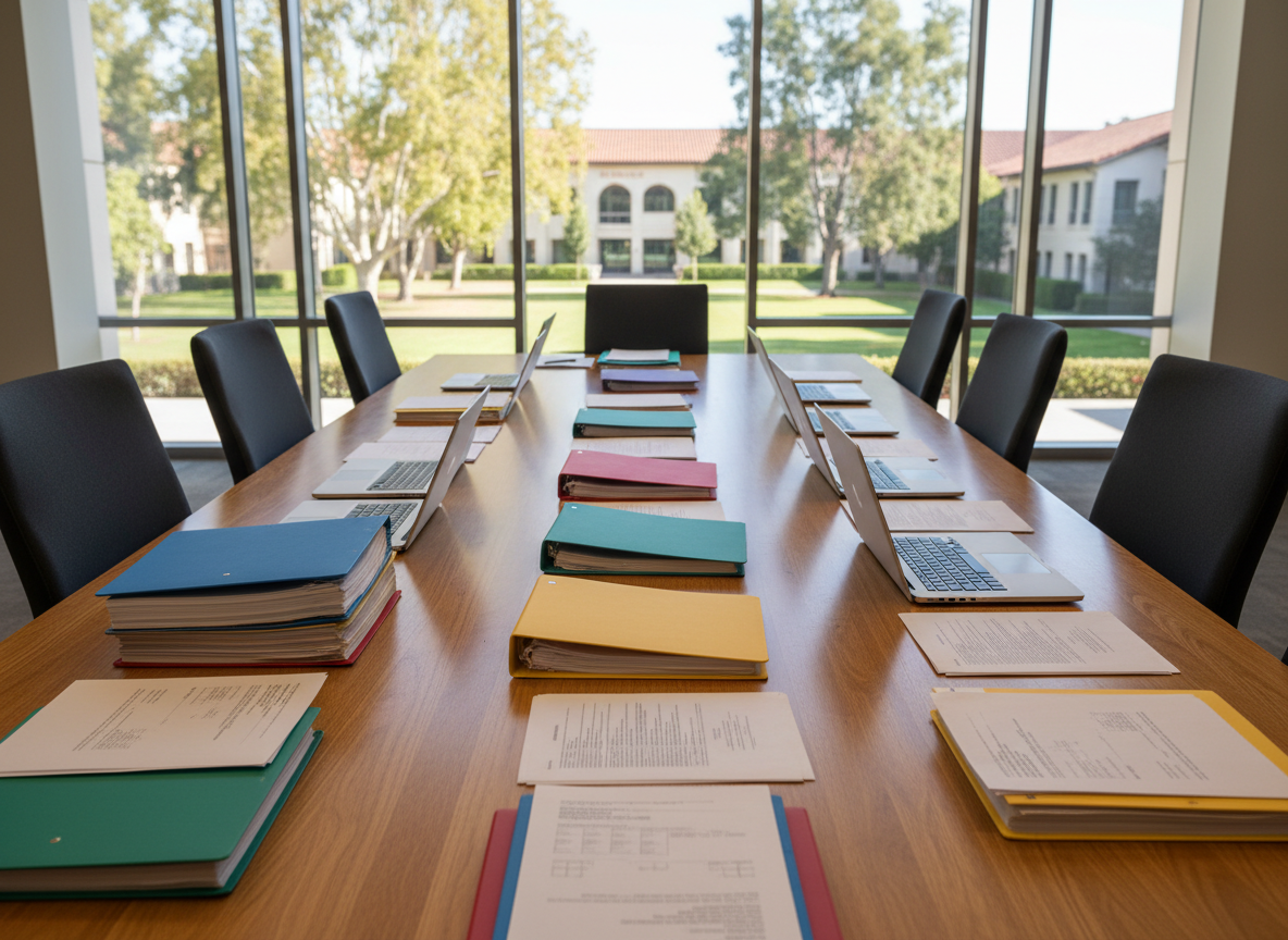 A long, polished conference table made of warm oak stretches across a modern faculty meeting room, covered with neatly arranged open laptops, color-coded binders, and printed contract pages spread in organized clusters. In the background, tall windows reveal a sunlit California campus with trees and terracotta roofs. Soft afternoon natural light pours in, reflecting gently off the table’s surface and highlighting the textures of paper and wood. The mood is professional, collaborative, and focused. Shot at eye level with sharp focus throughout, the photographic realism emphasizes a clean, modern aesthetic that suggests faculty union work, contract negotiation, and shared governance without showing any people or text.