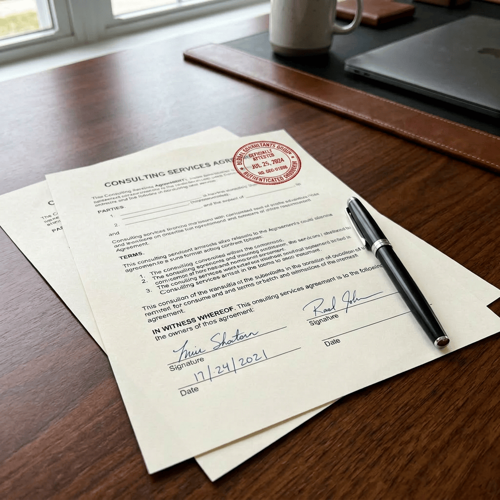 Consulting services agreement document signed and dated, with a pen on wooden desk