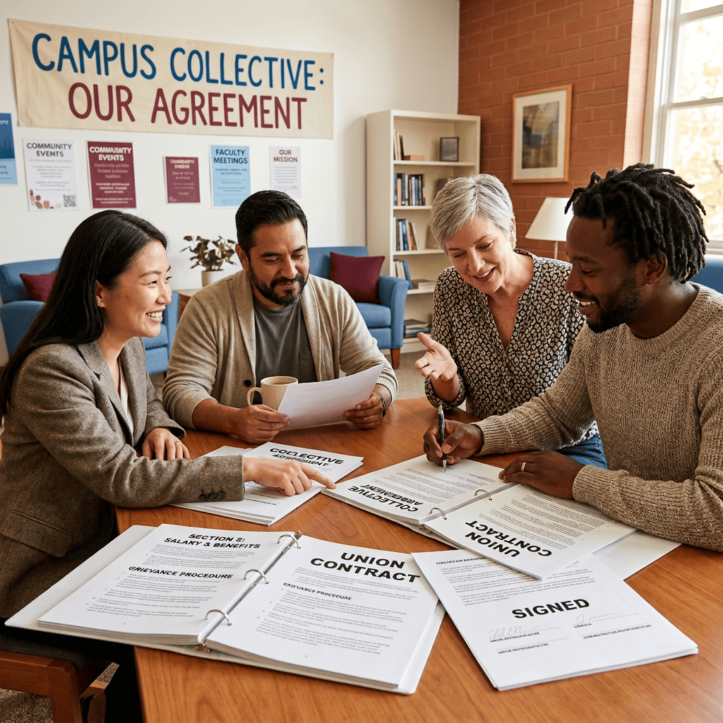 Four colleagues reviewing and signing collective agreement documents beneath a Campus Collective: Our Agreement banner